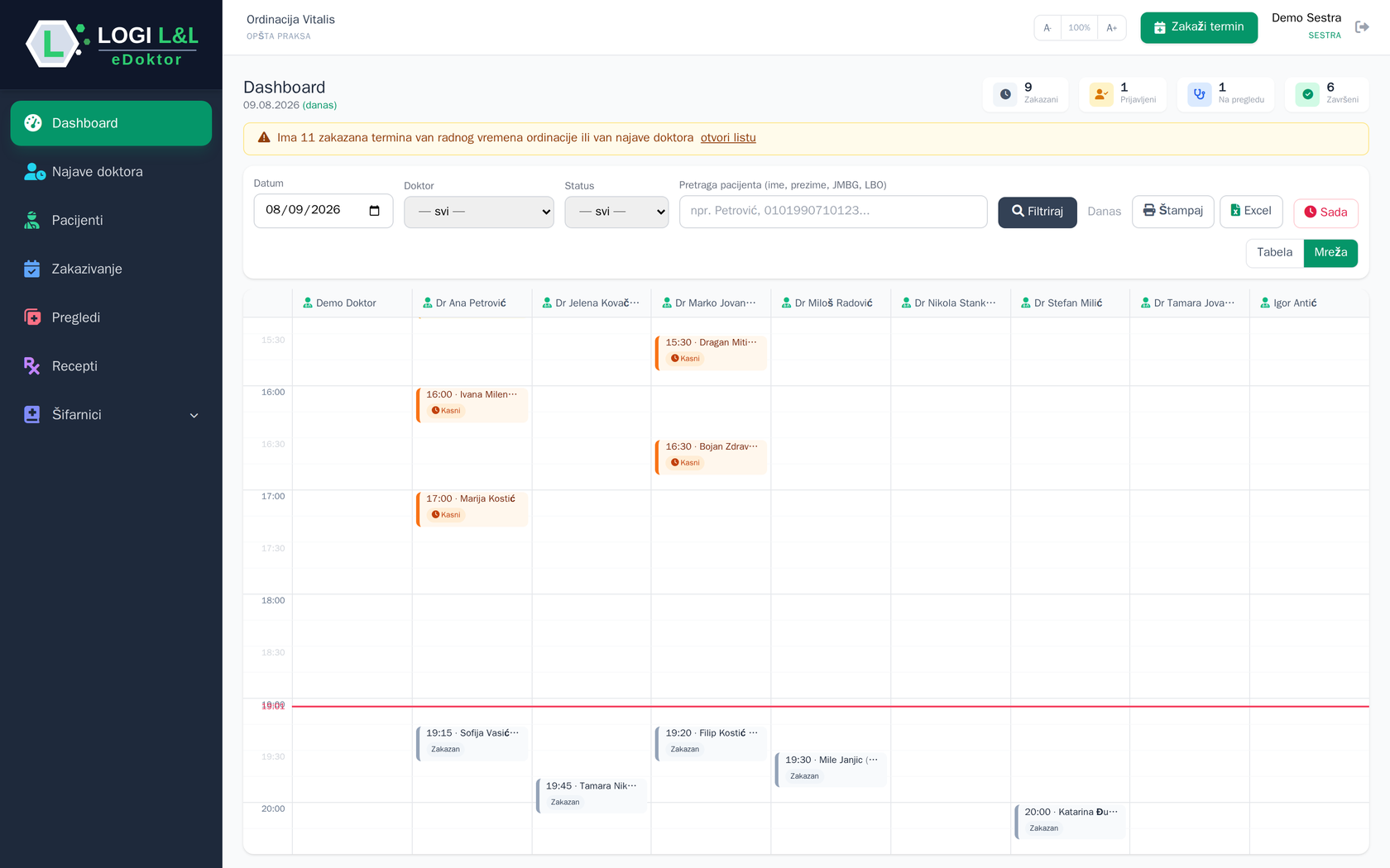 Dashboard — mrežni prikaz termina po doktoru, uživo